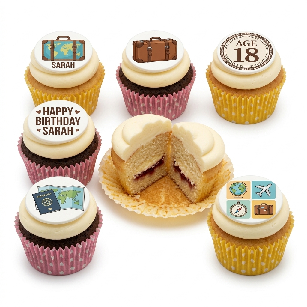 Travel Theme Birthday Cupcakes with Custom Age Topper