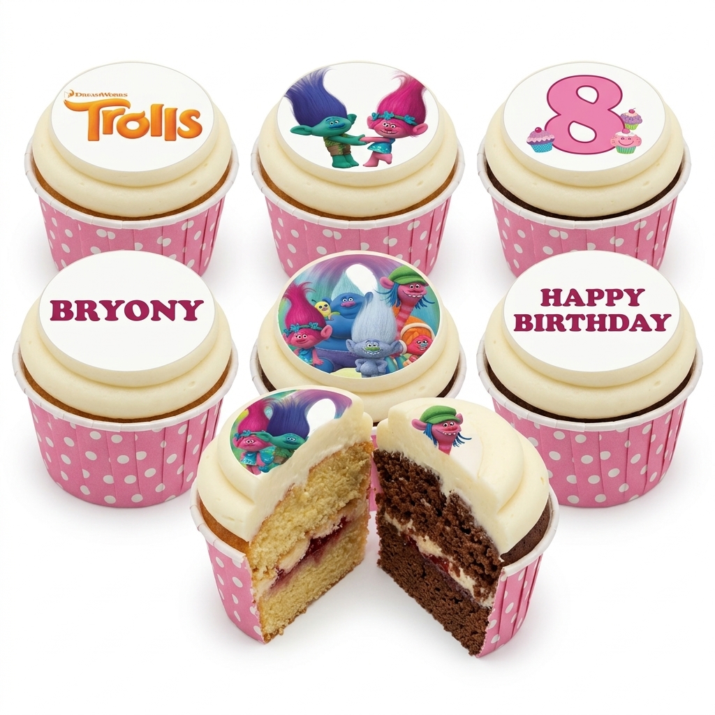 Trolls Birthday Cupcakes with Custom Toppers