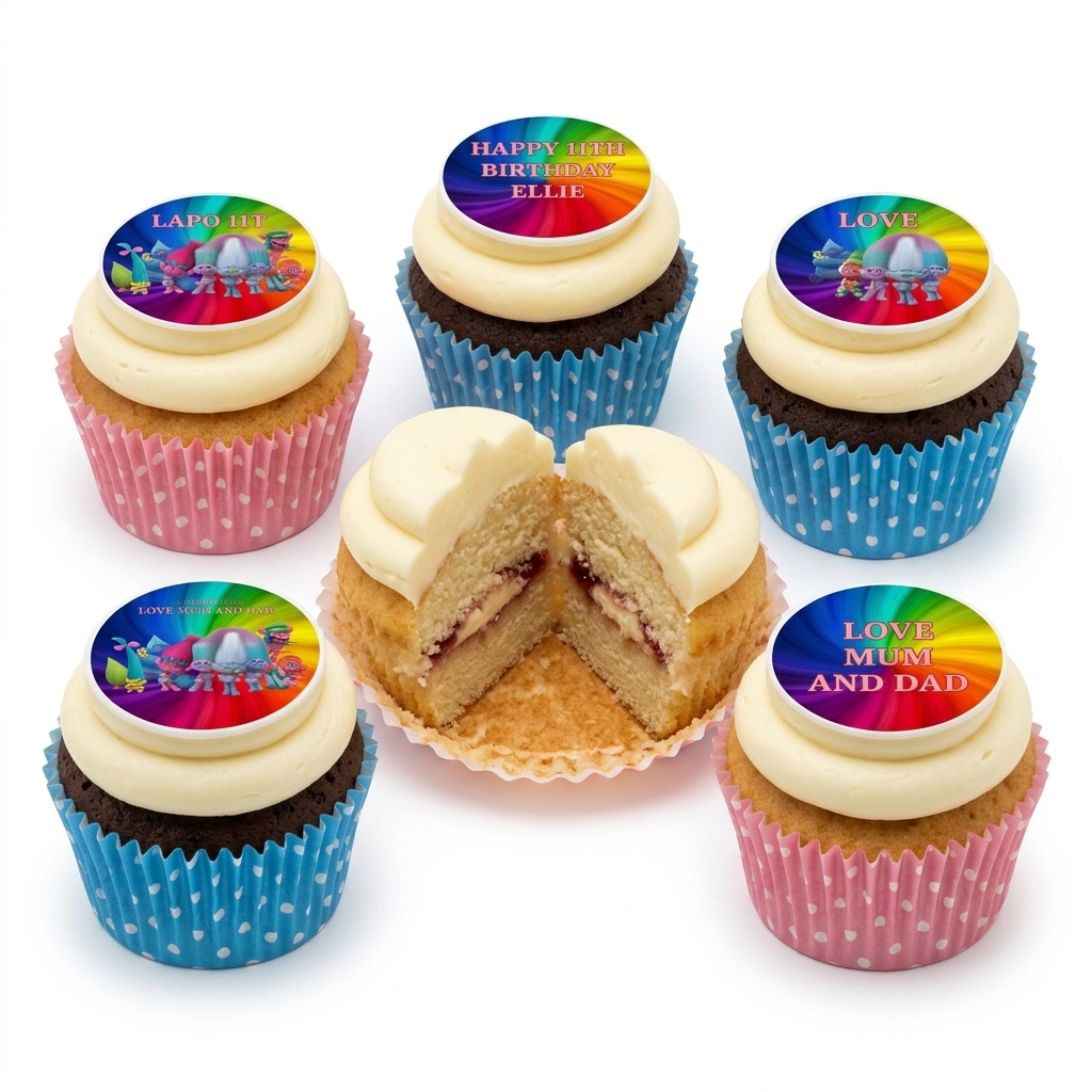 Trolls Birthday Cupcakes with Custom Toppers