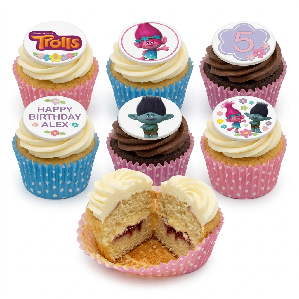 Trolls Birthday Cupcakes with Custom Toppers