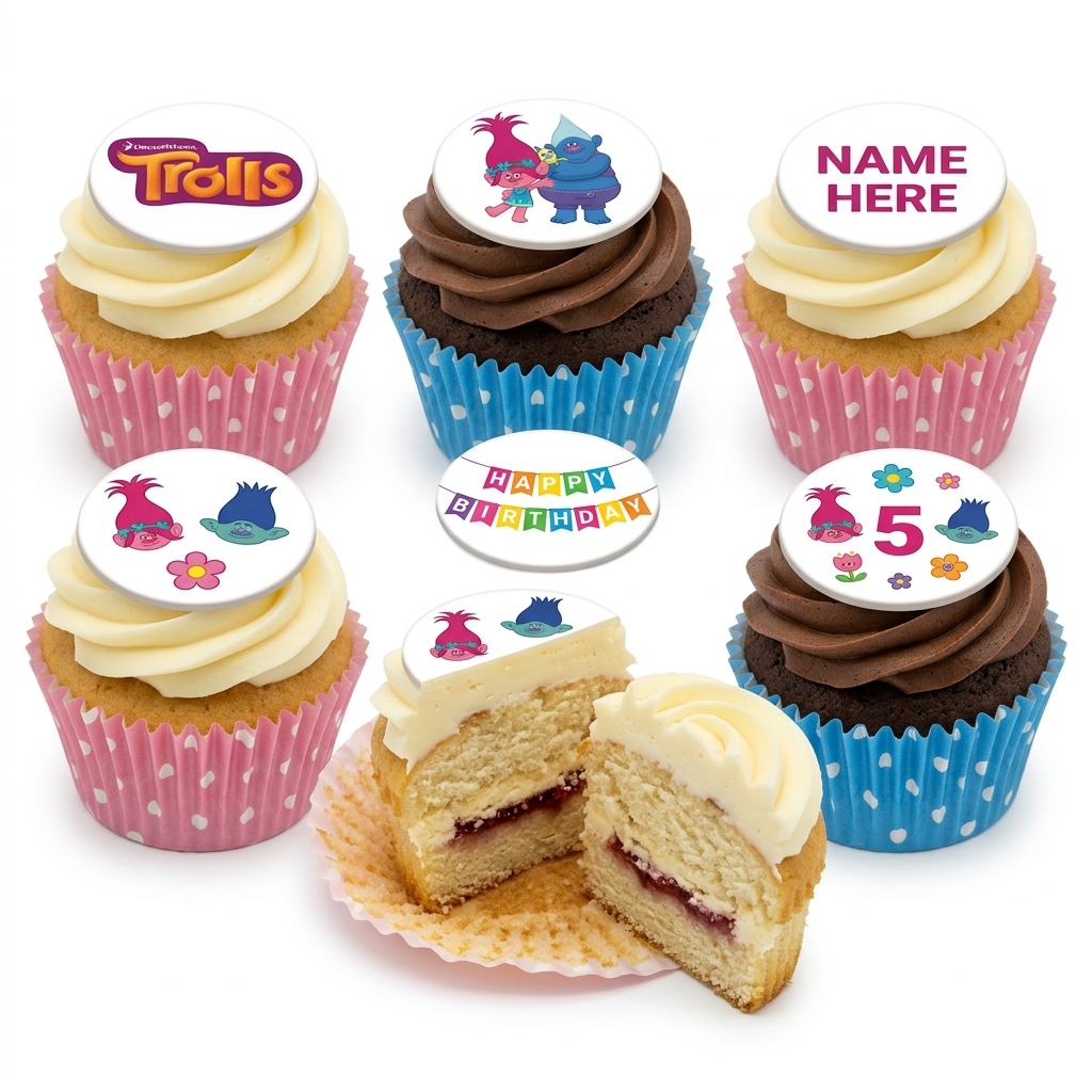 Trolls Birthday Cupcakes with Custom Toppers