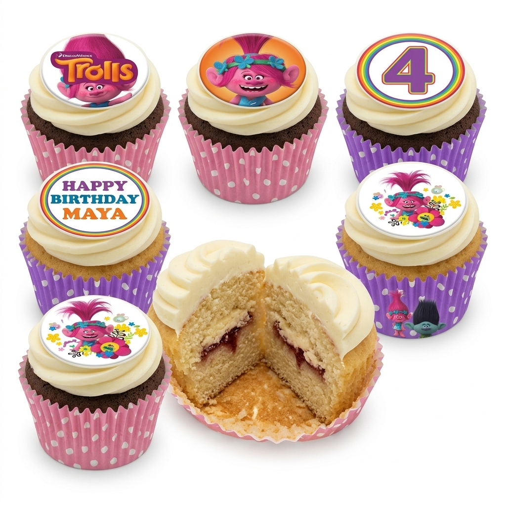 Trolls Birthday Cupcakes with Custom Toppers
