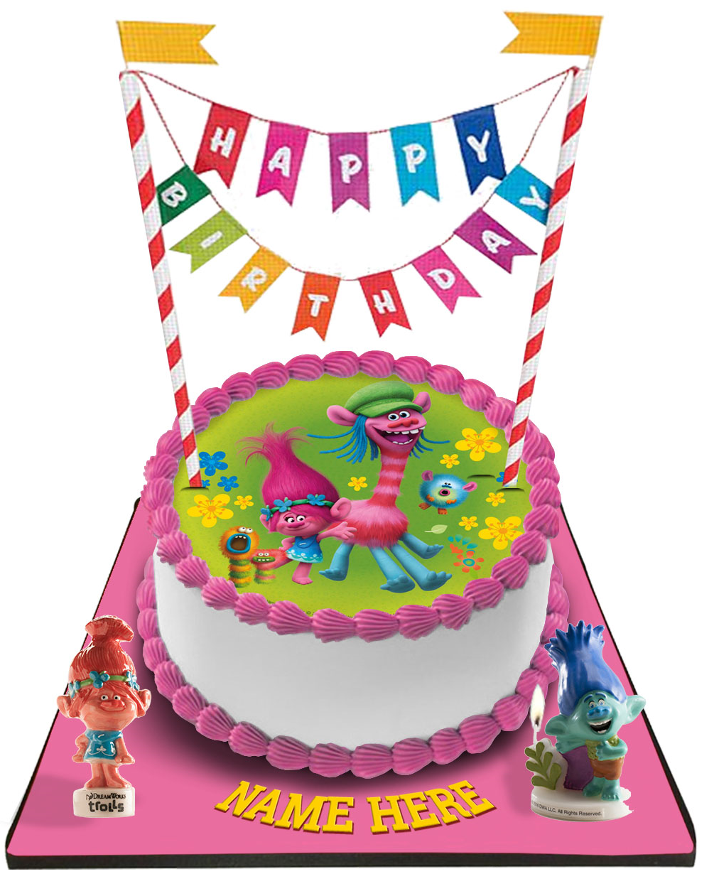 Trolls Cake With Happy Birthday Bunting &Topper