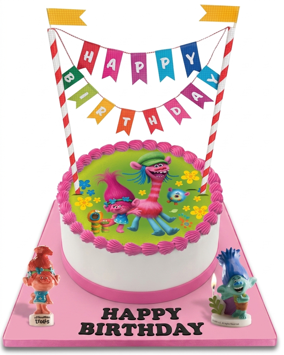 Trolls Theme Birthday Cake with Toppers