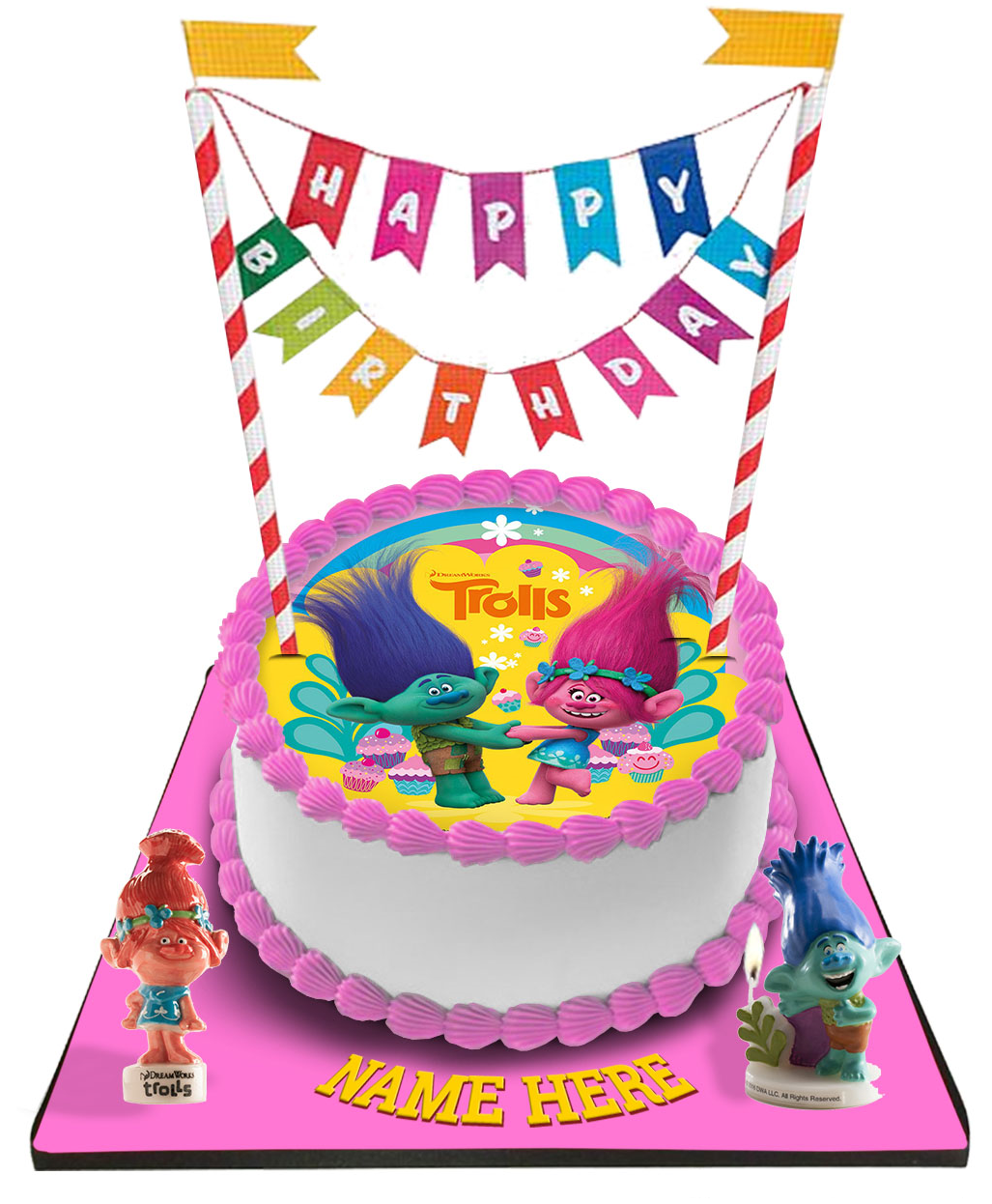 Trolls Cake with Happy Birthday Bunting & Topper