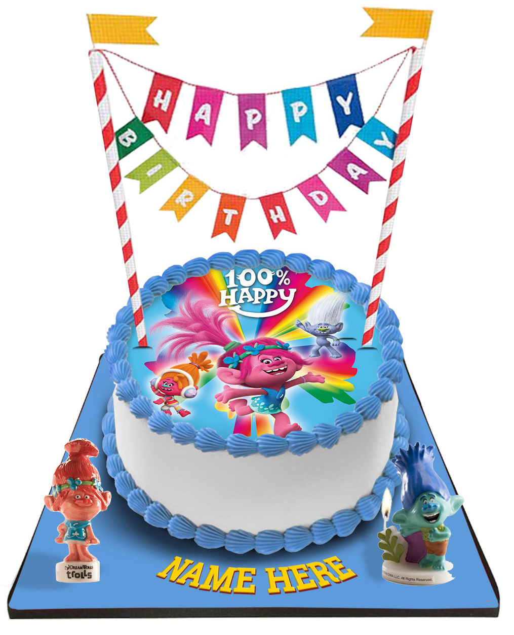 Trolls Cake with Happy Birthday Bunting &Topper