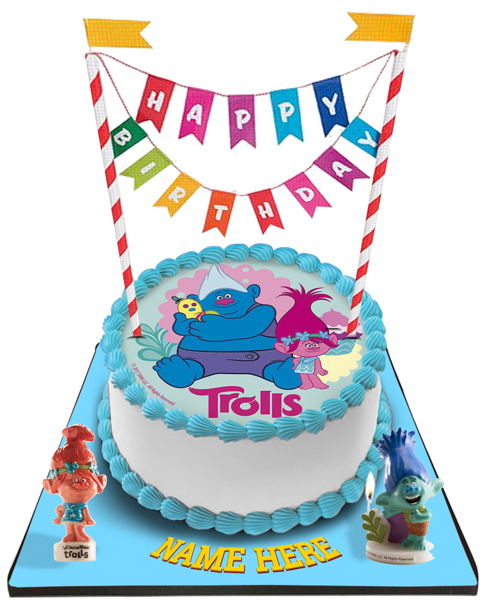 Trolls Cake with Happy Birthday Bunting & Topper