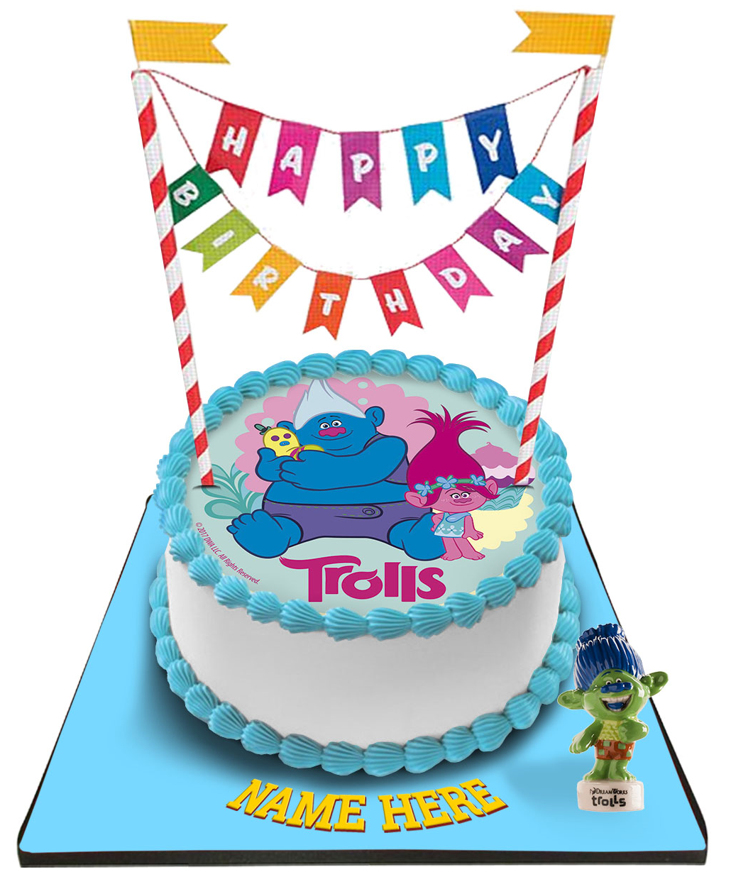 Trolls Cake with Happy Birthday Bunting &Topper