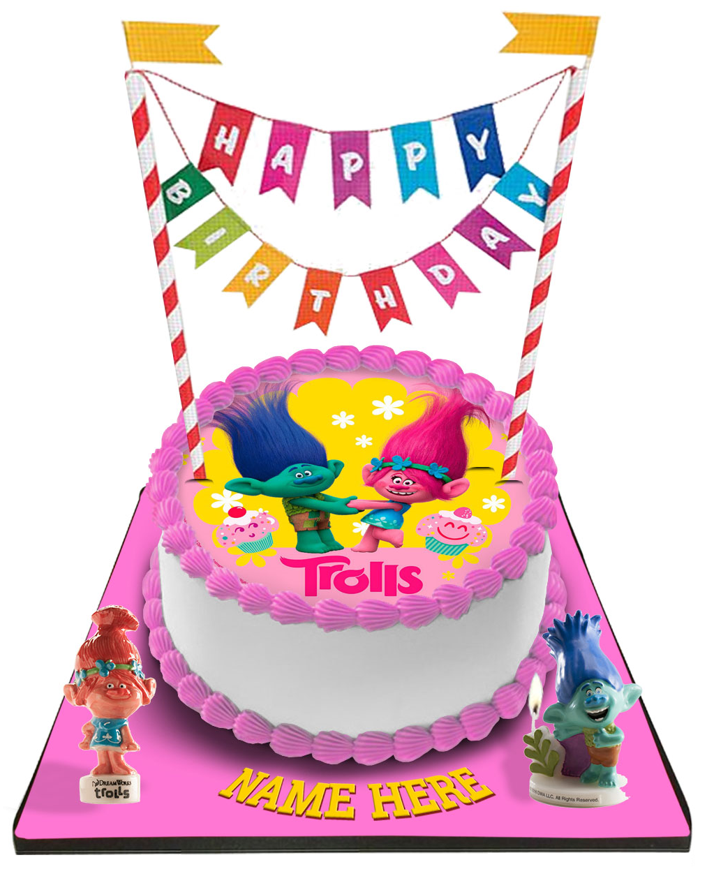 Trolls Cake with Happy Birthday Candle &Topper