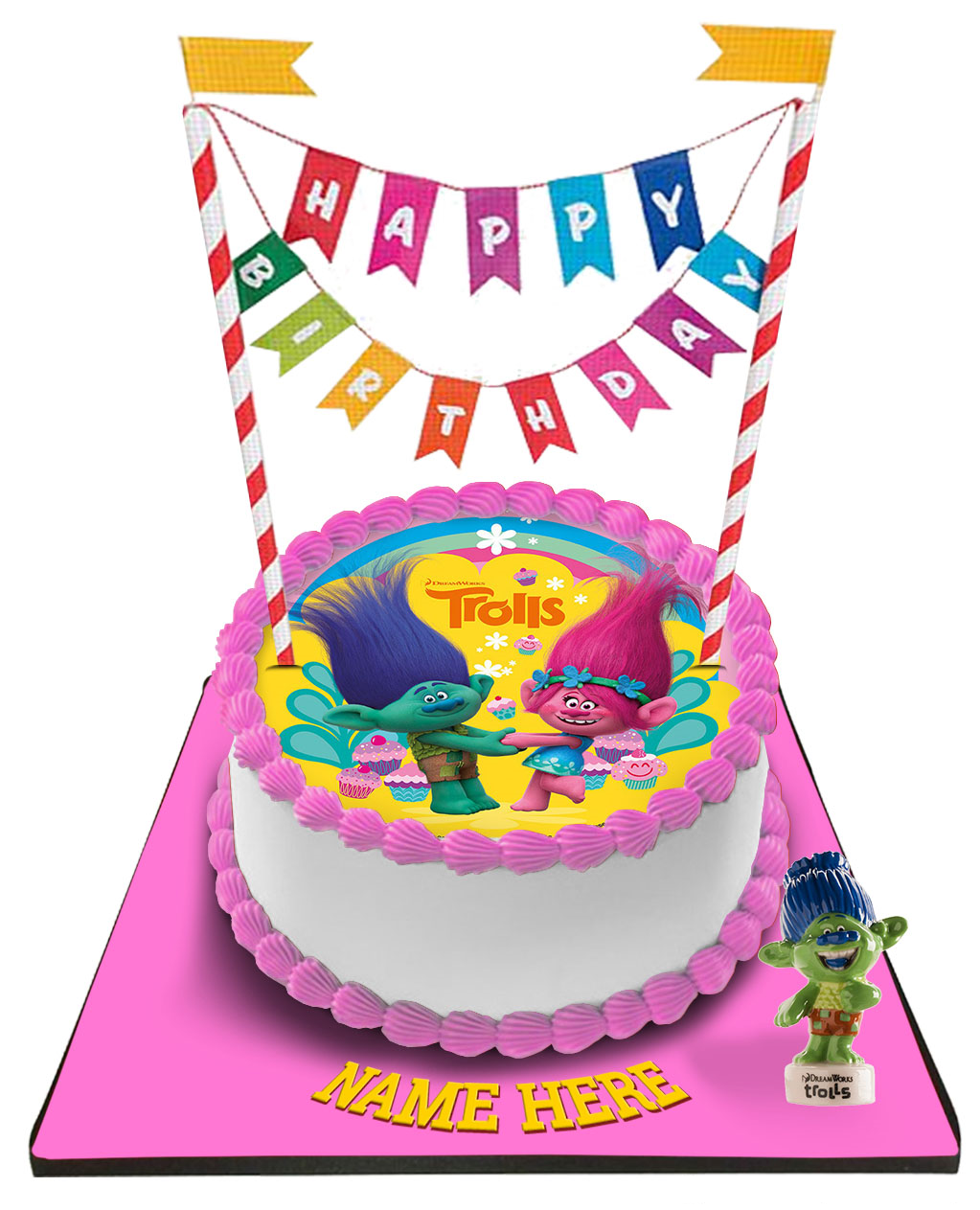 Trolls Cake with Happy Birthday Bunting &Topper