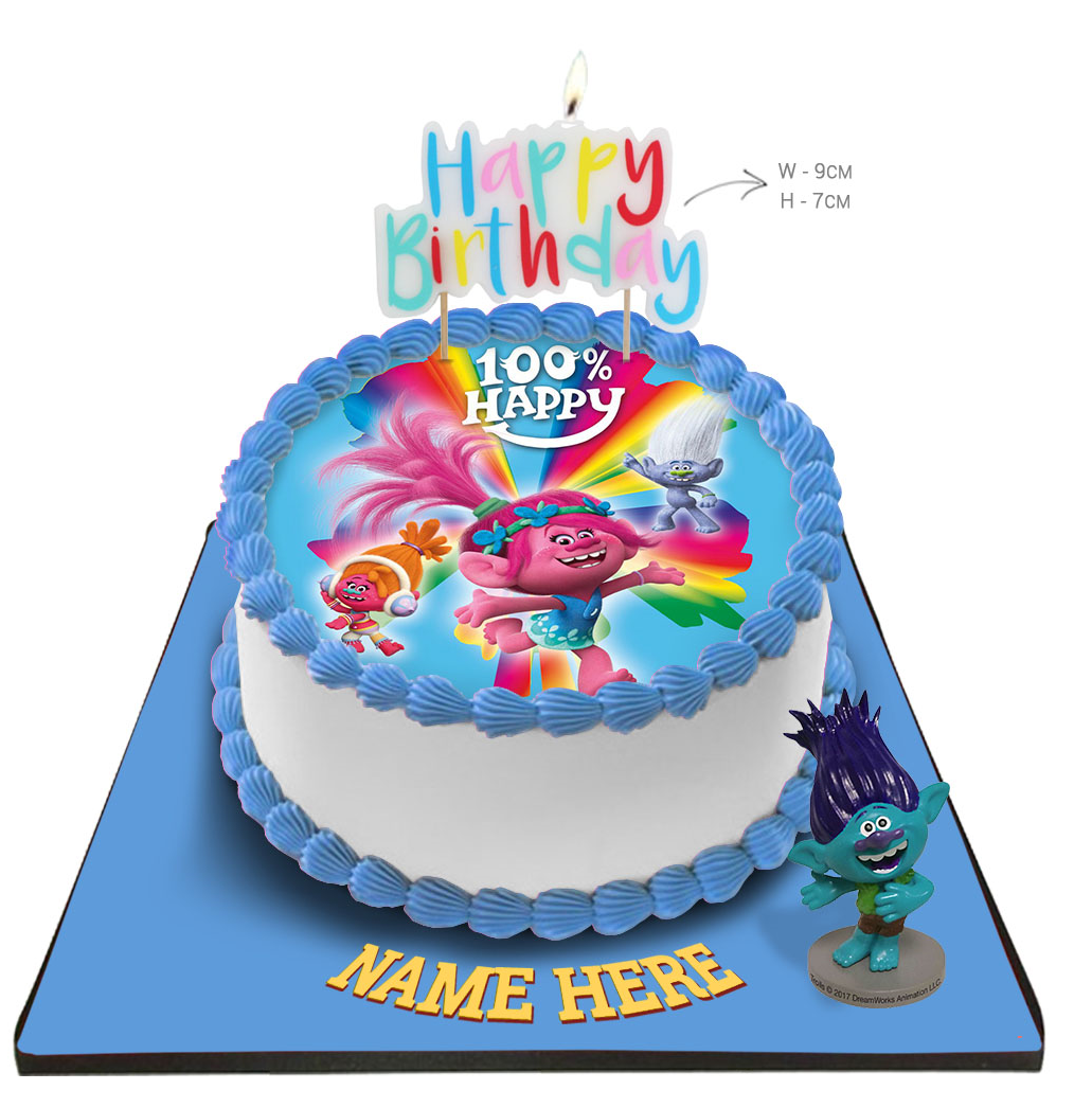 Trolls Cake with Happy Birthday Candle & Topper