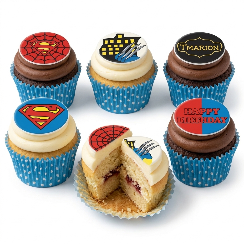 Superhero Birthday Cupcakes with Custom Toppers