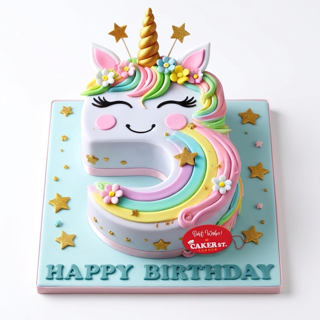 Unicorn Number 5 Birthday Cake