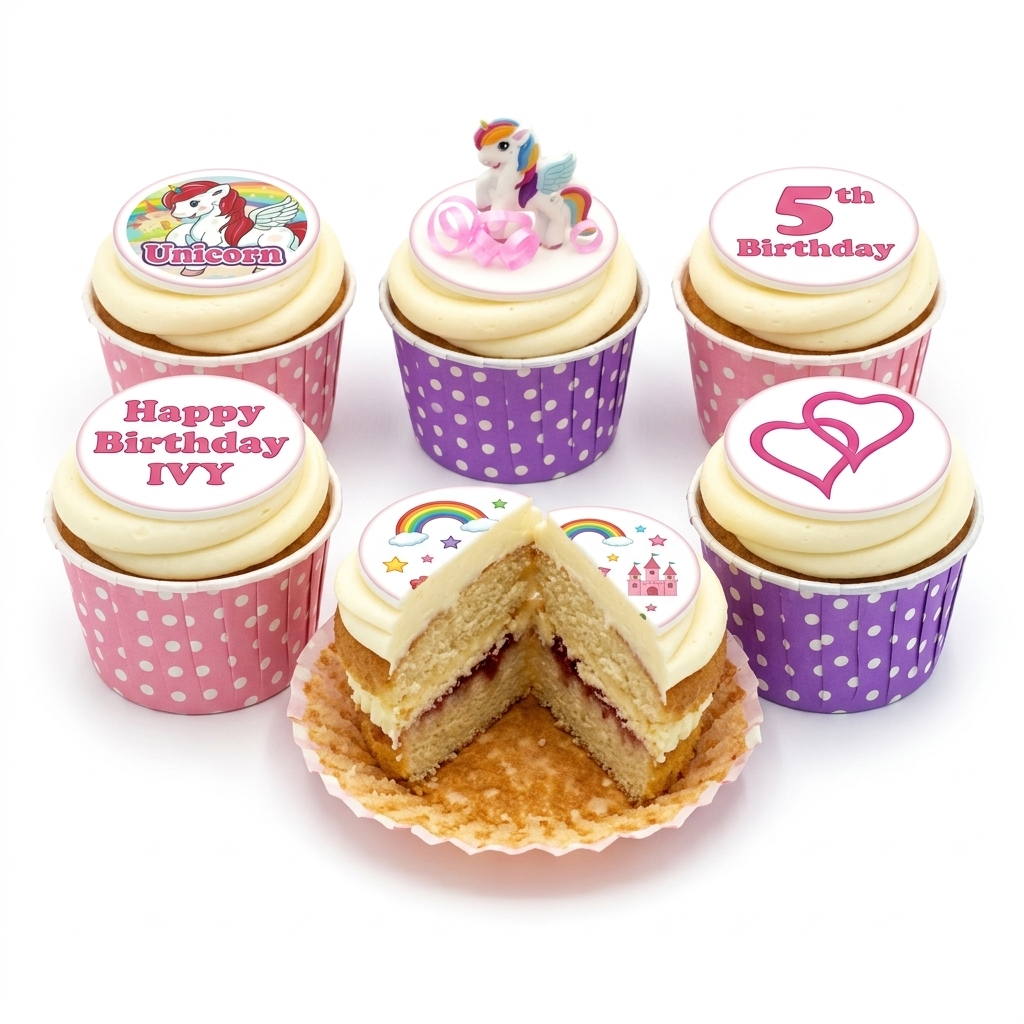 Unicorn Birthday Cupcakes with Custom Age Topper