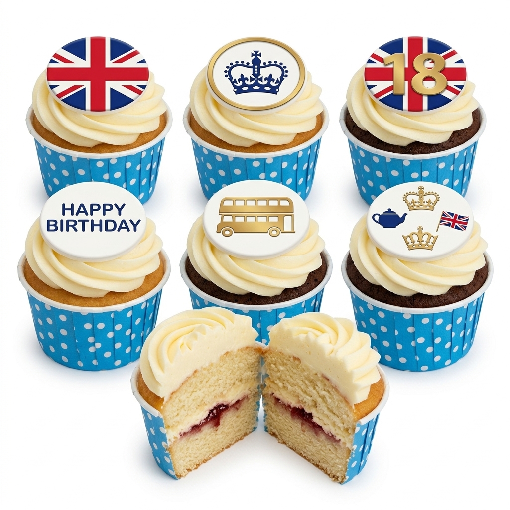 British Theme Birthday Cupcakes with Custom Age Topper