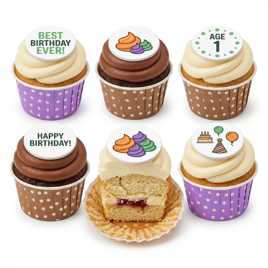 Celebration Birthday Cupcakes with Custom Toppers