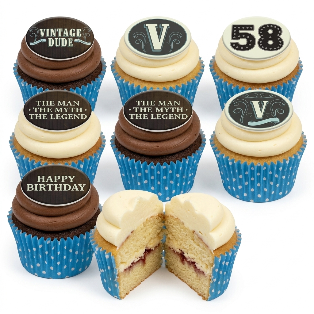 Men's Vintage Birthday Cupcakes | Custom Age & Initial Toppers