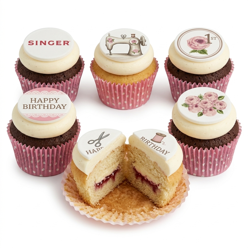 Sewing Theme Birthday Cupcakes with Custom Age Topper