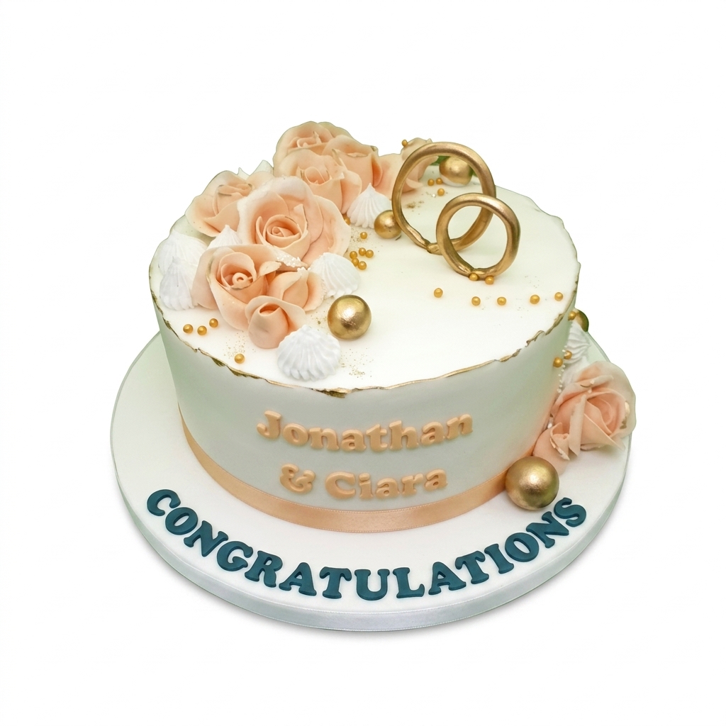 Elegant Floral & Gold Ring Engagement Cake