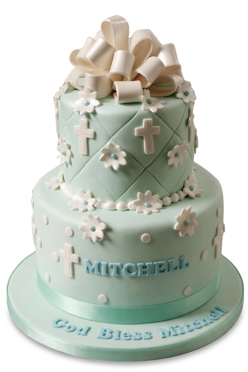 Elegant Christening Cake for Boys with Crosses and Bow