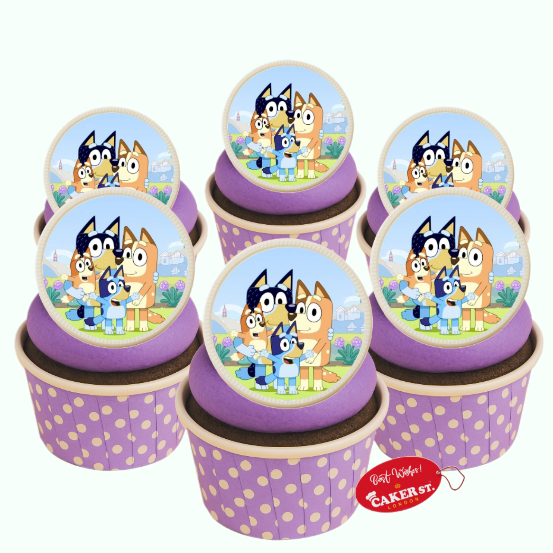 White Chocolate Bluey Themed Cupcakes