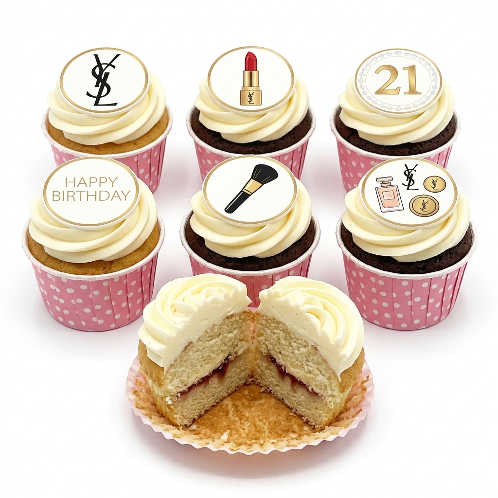 Designer Birthday Cupcakes with Luxury Makeup Toppers