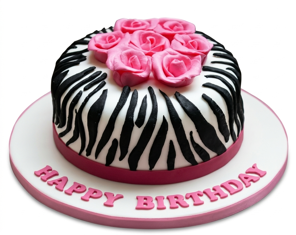 Zebra Print Birthday Cake with Pink Roses